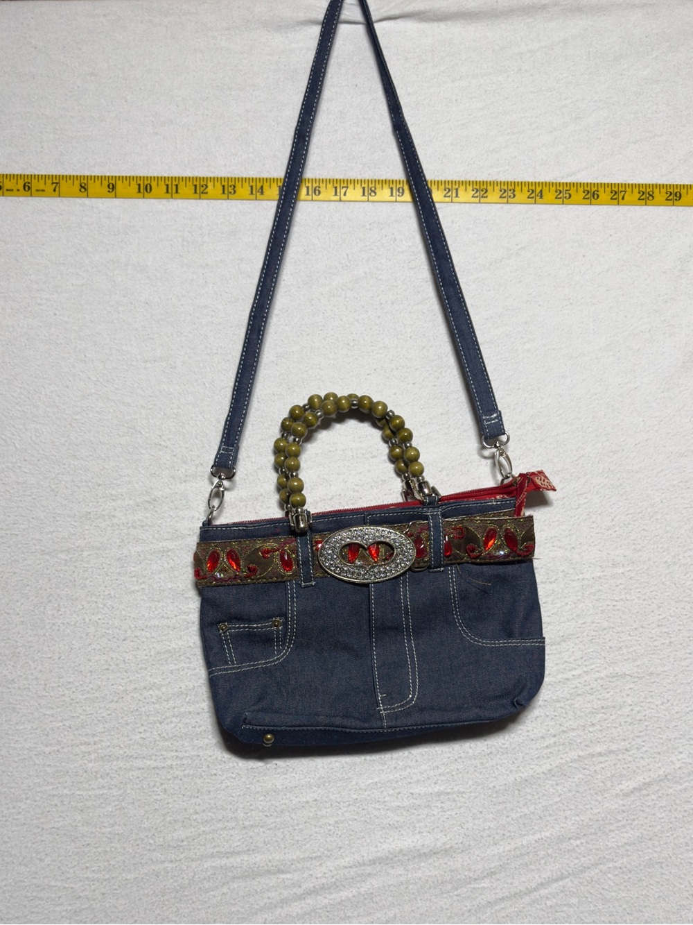 Baggy jeans purse Denim Beaded Handle Shoulder Bag with Red Embellishments